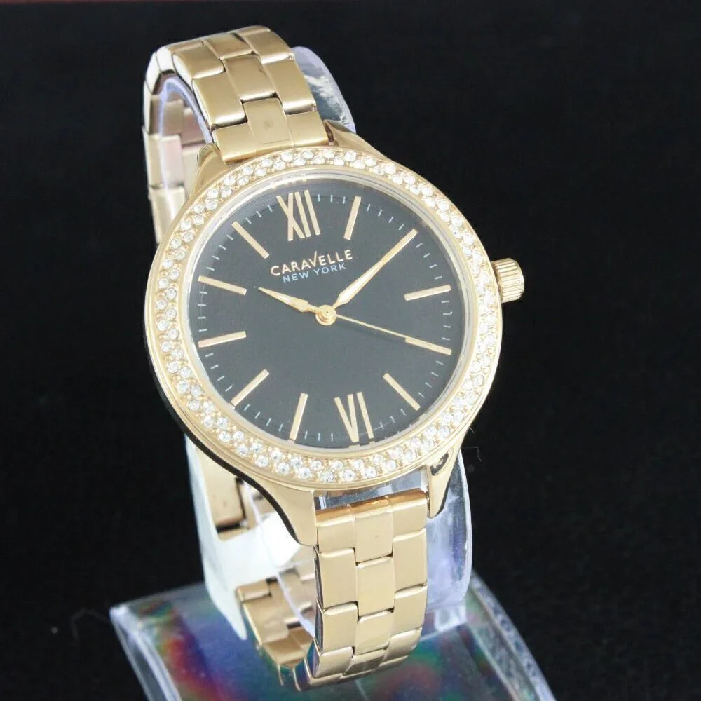 Caravelle New York Ladies Casual Watch Swarovski Crystal Bezel Gold Tone 37mm